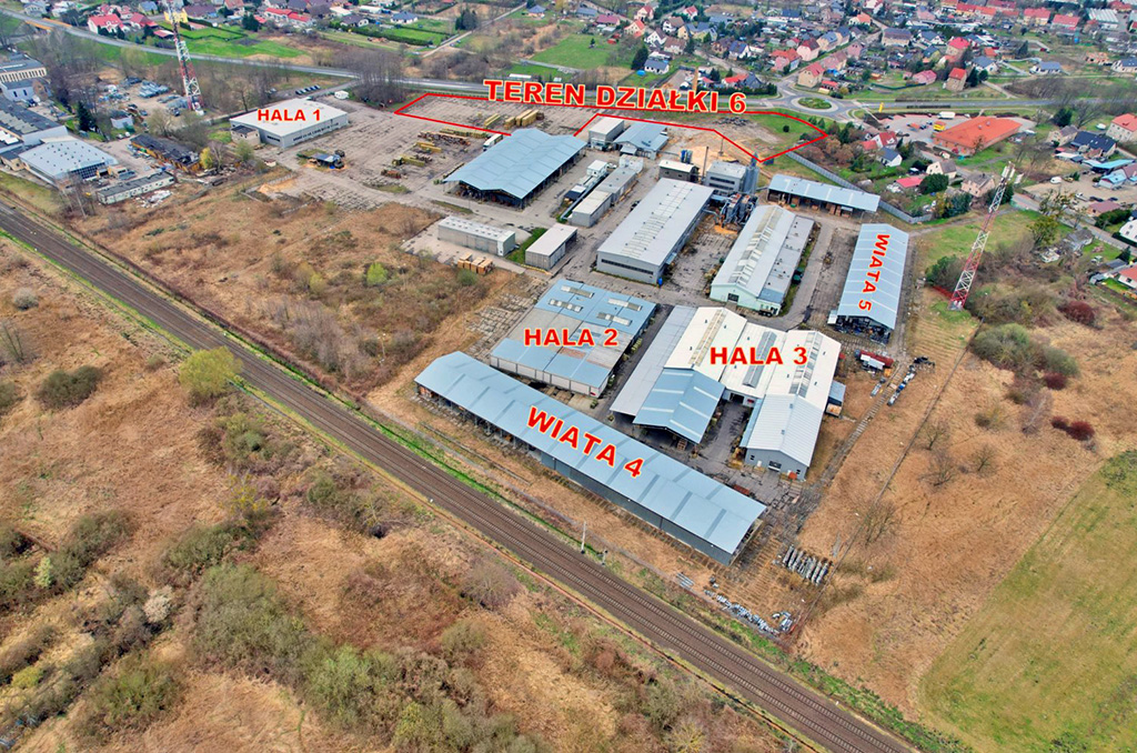 rzut z góry pokazujący kompleks hal na terenie nieruchomości komercyjnej do wynajęcia Gorzów Wielkopolski (okolice)