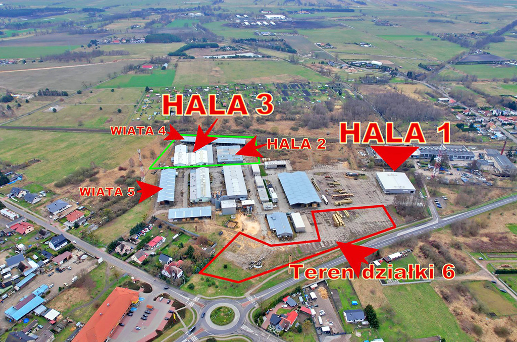 widok z lotu ptaka na kompleks zabudowań, na terenie którego znajduje si oferowana na wynajem nieruchomość komercyjna Gorzów Wielkopolski (okolice)