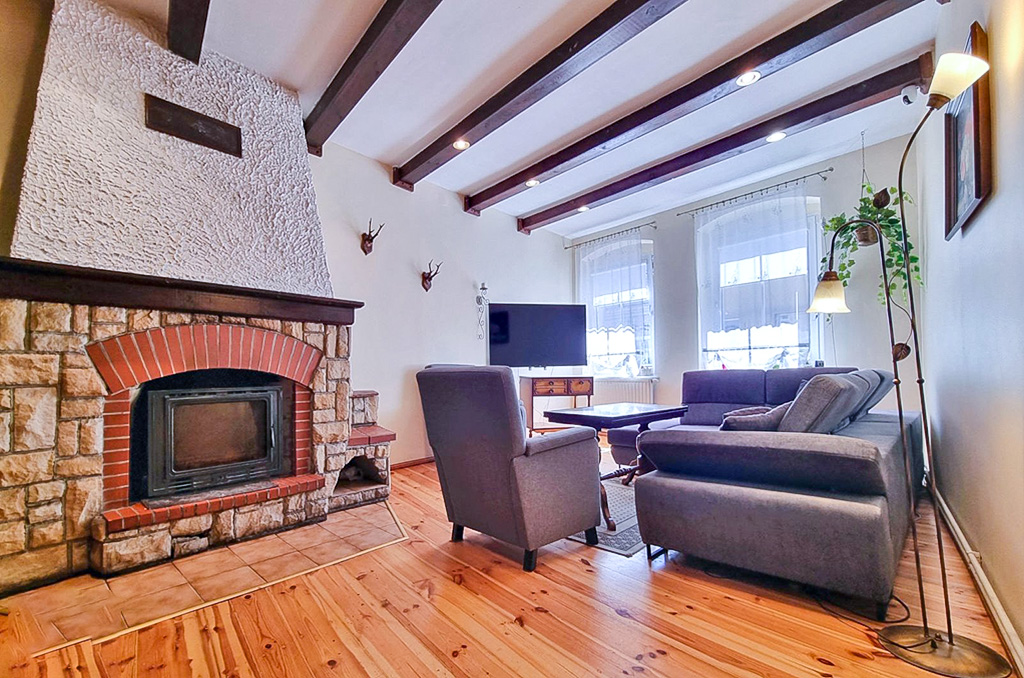 na zdjęciu kominek w nieruchomości inwestycyjnej na sprzedaż Poznań (okolice)