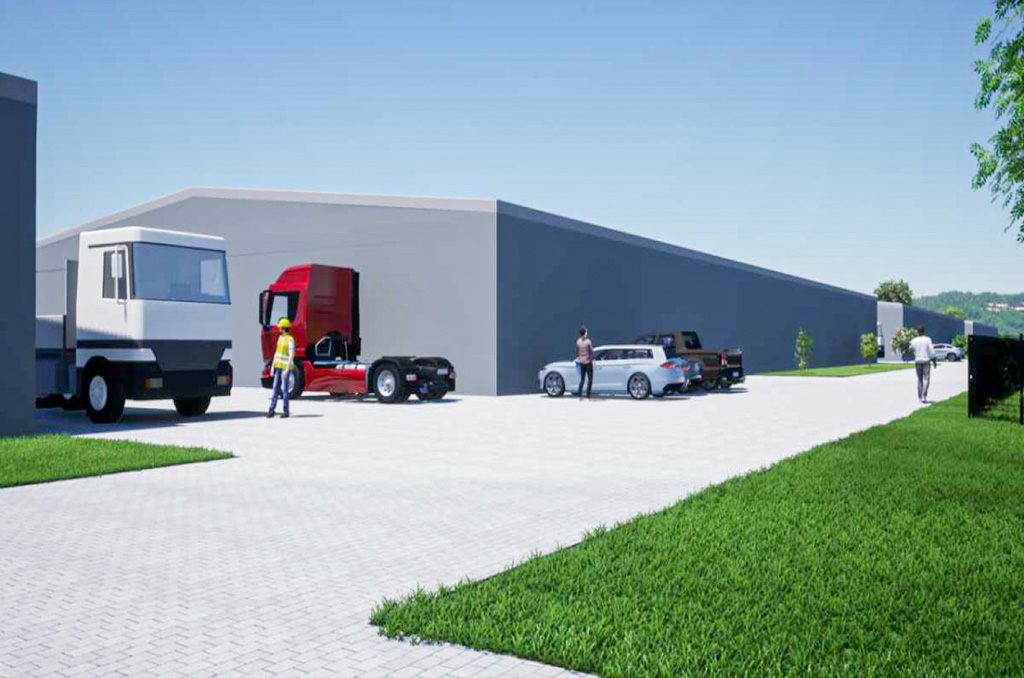 zbliżenie na kompleks hal na terenie nieruchomości inwestycyjnej do wynajmu Łódź okolice